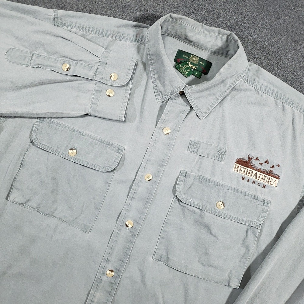 Orvis Safari‎ Shirt Men Large Button Up Long Sleeve Cotton Twill Herradura Ranch